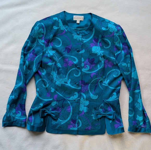 Vintage Adrianna Papell 100% Silk Teal Purple Floral Blouse Jacket Size 12 - Picture 12 of 16
